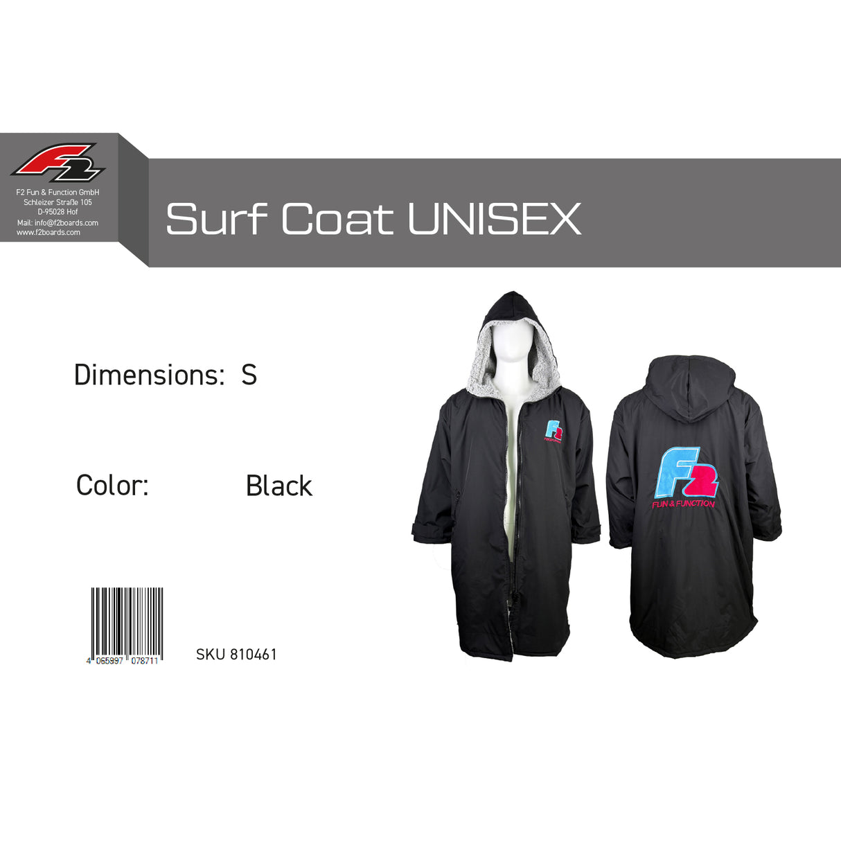 F2  Retro Surf Coat Unisex Poncho Jacke Schwarz - Größe wählbar
