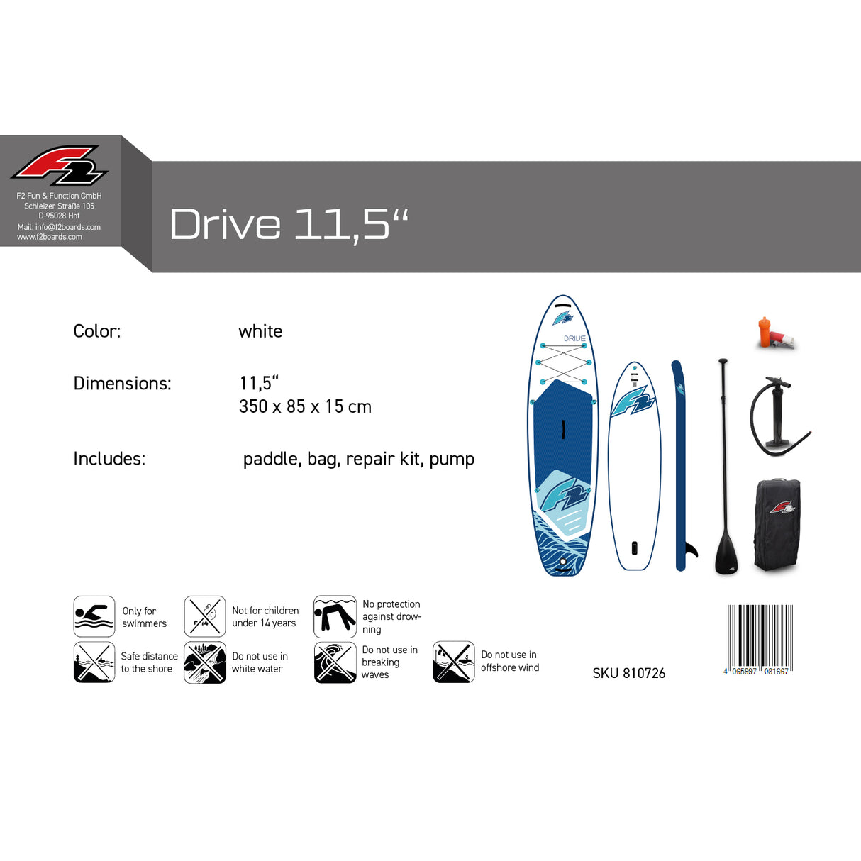 F2 SUP Stand Up Paddle Board Drive Weiss - Größe wählbar