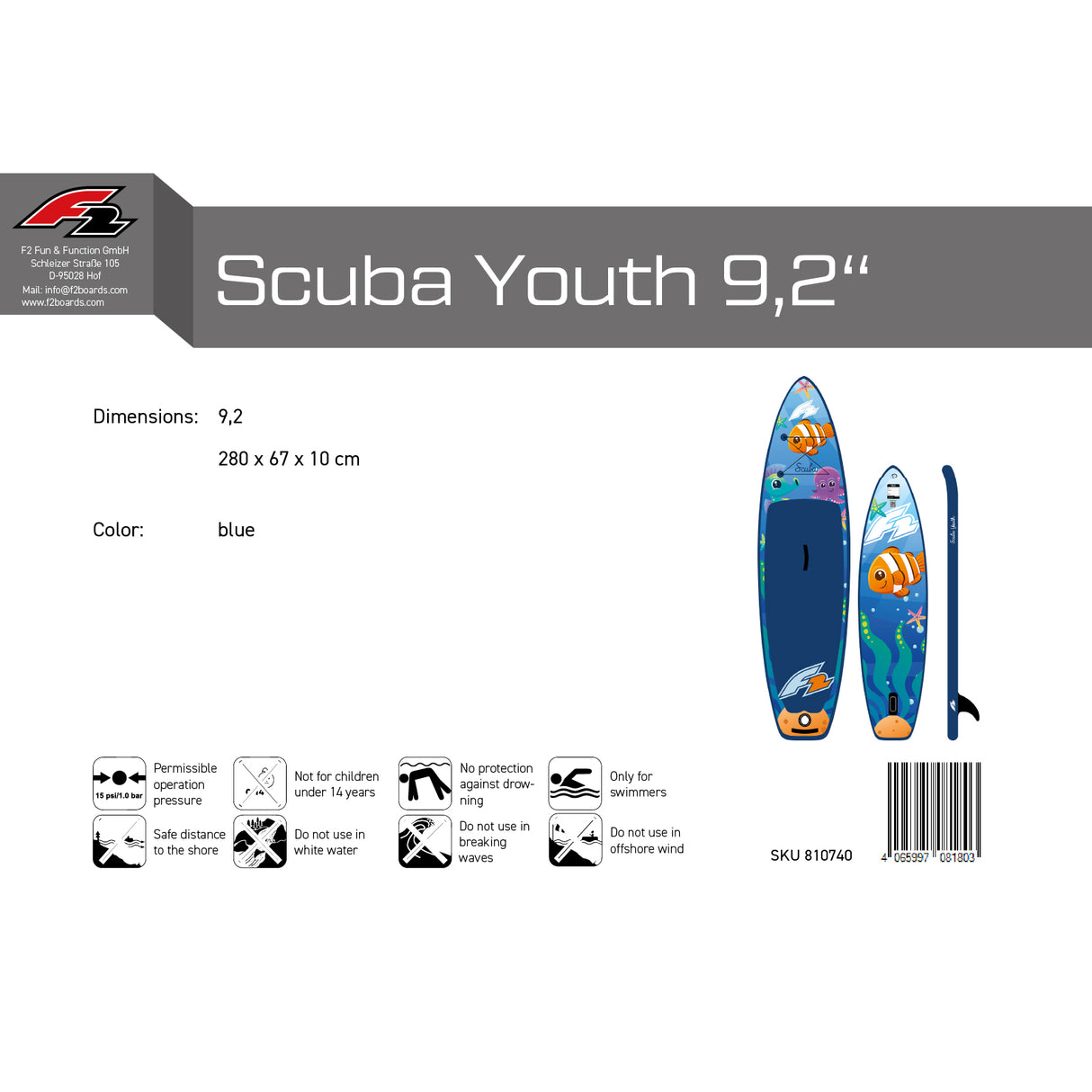 F2 SUP Stand Up Paddle Board Scuba Youth Board Only Blau Größe wählbar