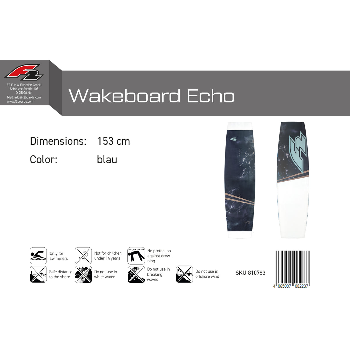 F2 Wakeboard Echo Blau 145cm/148cm/153cm - Größe wählbar