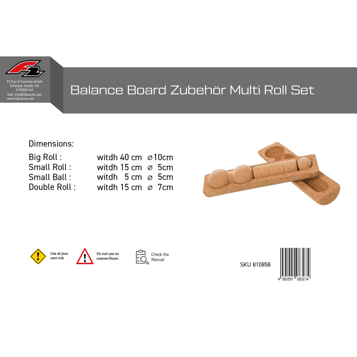F2  Balance Board Zubehör Kork Multi Roll Set Korkrollen und Bälle Natur