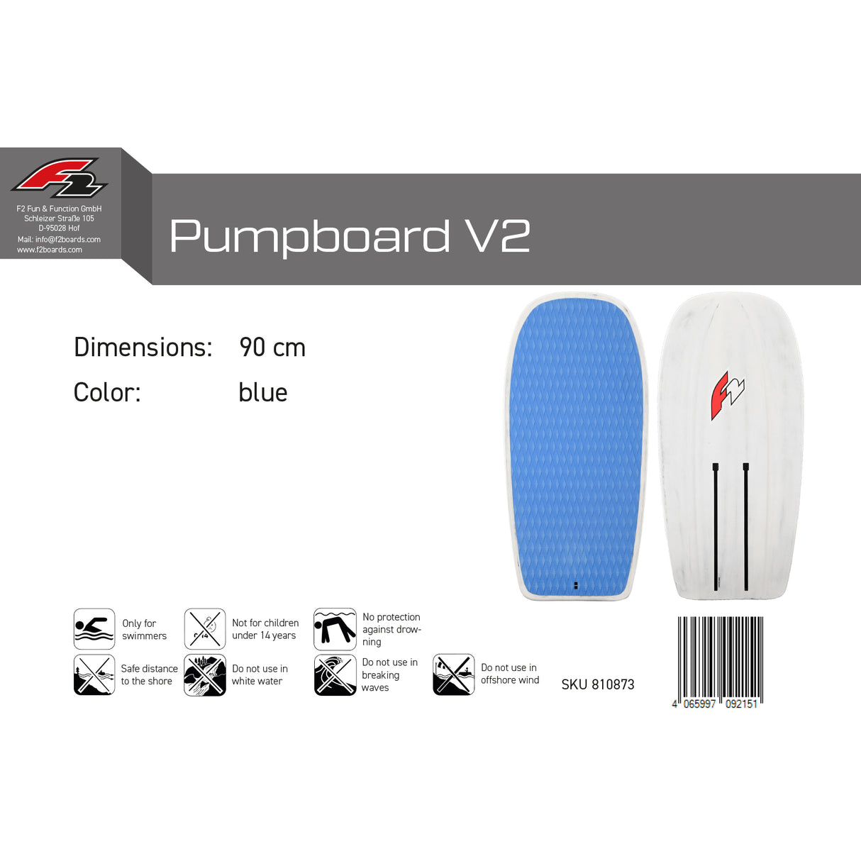F2 Pumpfoilboard Foil Board V2 90cm/110cm Blau - Größe wählbar