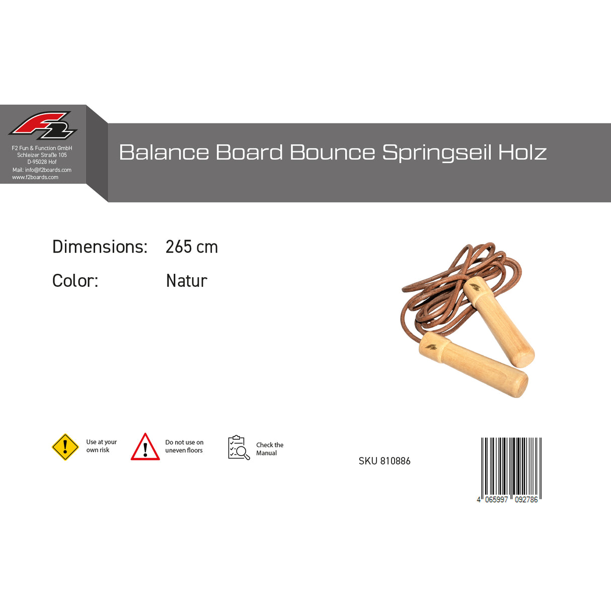F2  Balance Board Bounce Springseil Holz 265cm Natur