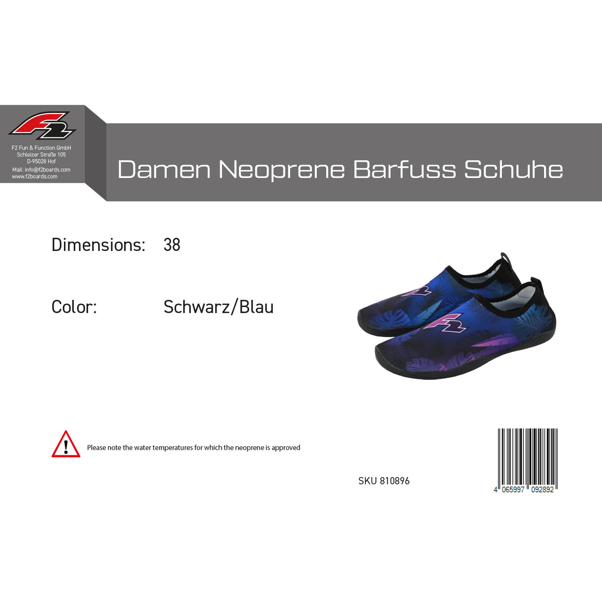 F2  Damen Neopren Schuhe Barfuss Schuhe  38 Schwarz/Blau