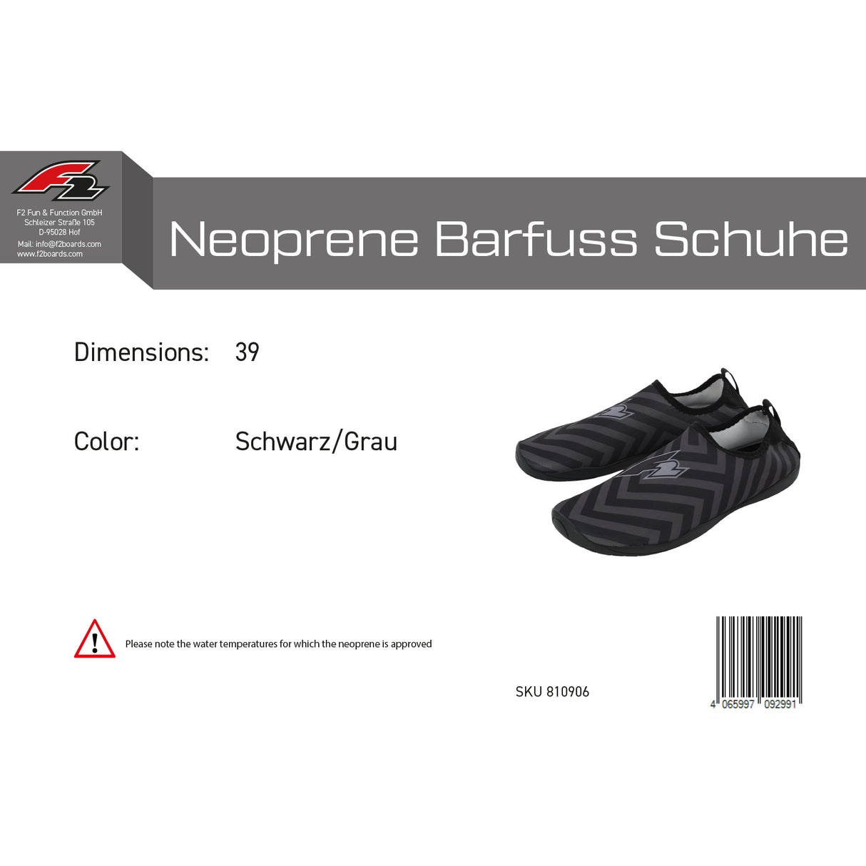 F2  Neopren Schuhe Barfuss Schuhe  39 Schwarz/Grau