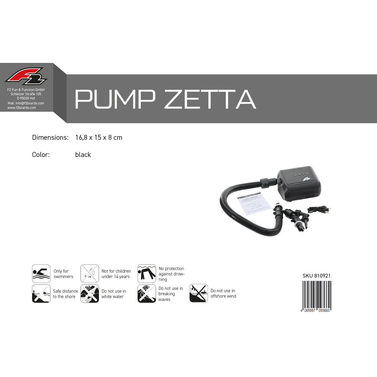 F2  SUP Pumpe Zetta 2 4000mAh E-Pumpe Wassersport Kite Schwarz