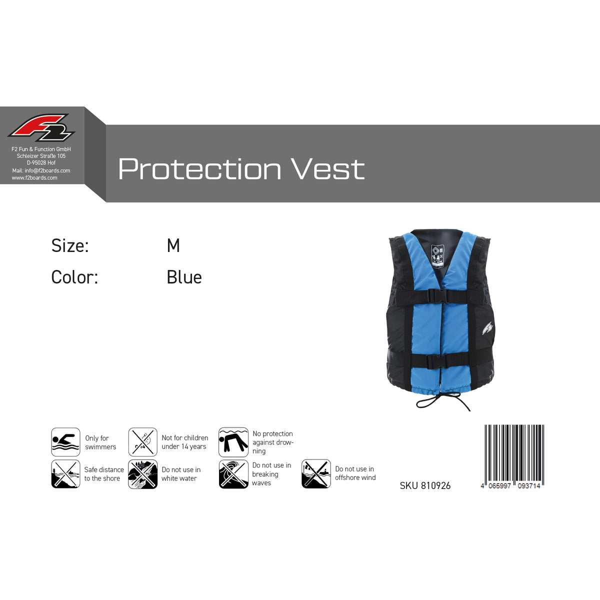 F2 Schwimmhilfe Core Weste SUP Auftriebshilfe 50N Blau - Größe wählbar