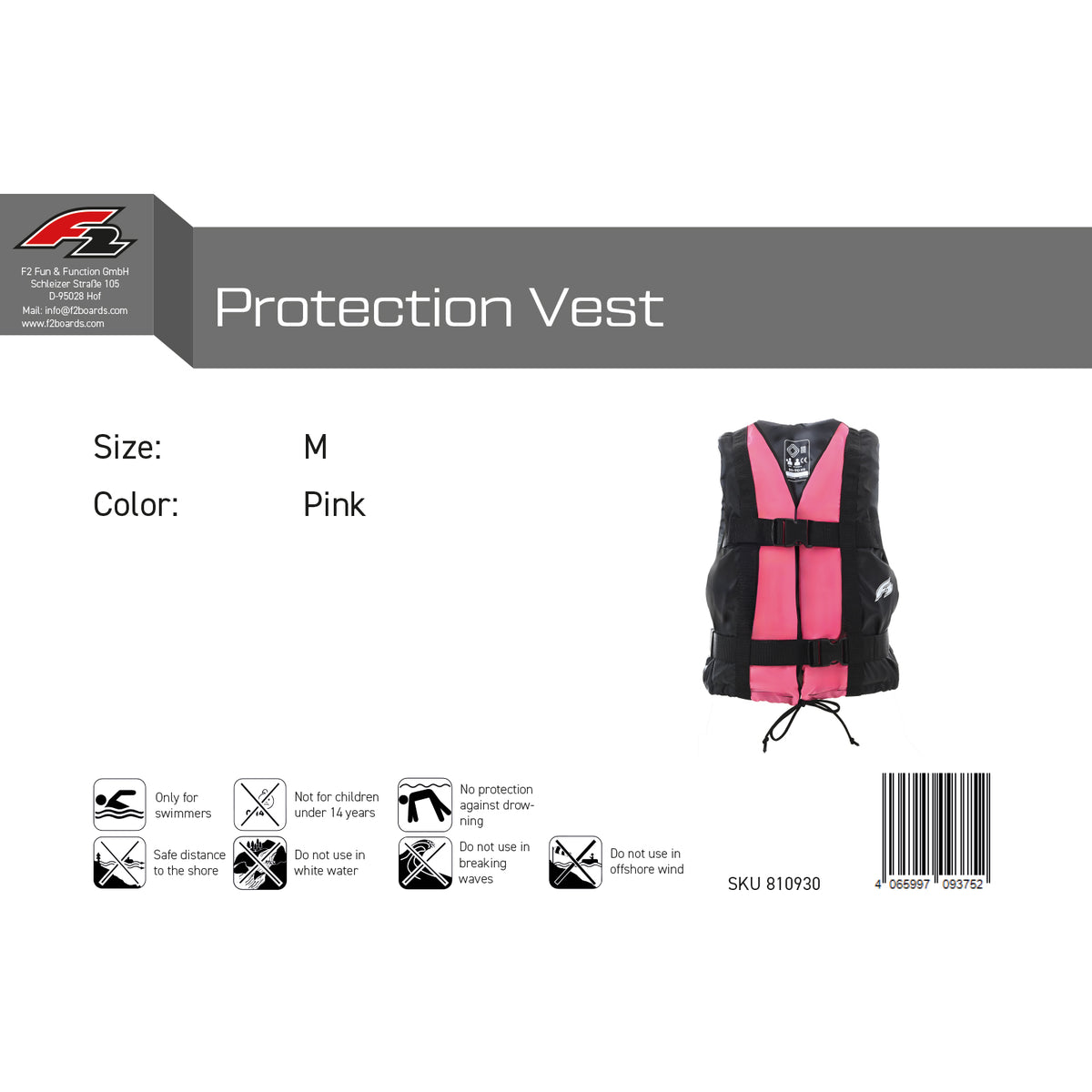 F2 Schwimmhilfe Damen Core Weste Auftriebshilfe Pink - Größe wählbar