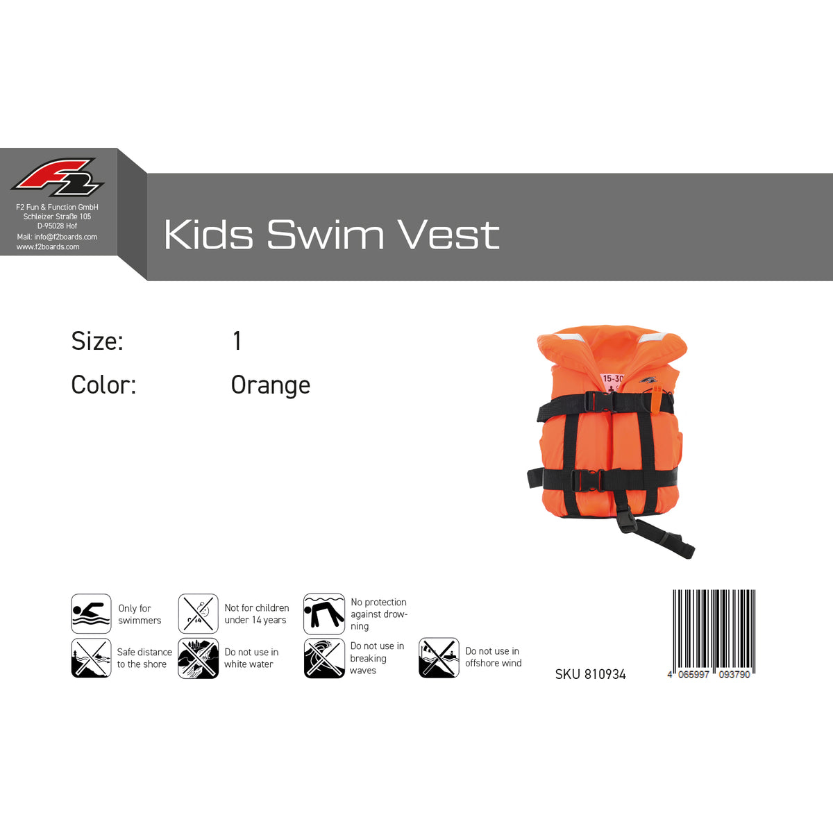 F2 Schwimmweste Junior Weste Auftriebshilfe 100N - Farbe/Größe wählbar