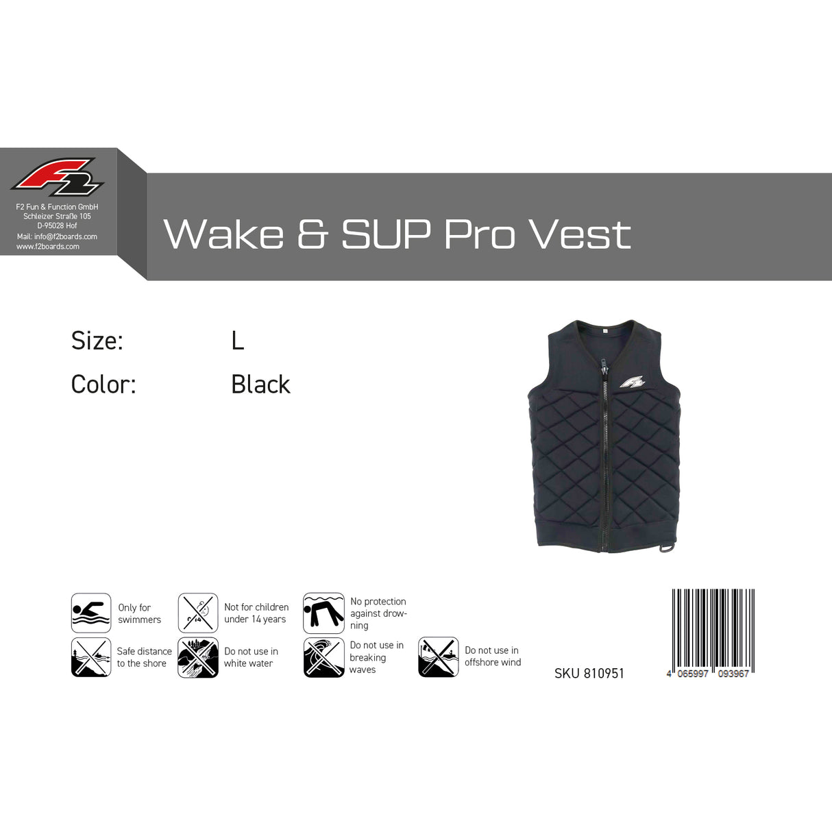 F2 Prallschutzweste Wake & SUP Pro Weste Schwarz - Größe wählbar