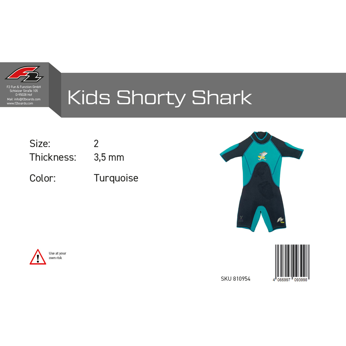 F2 Junior Neopren Anzug Shark Shorty 3,5mm Kurz - Größe/Farbe wählbar