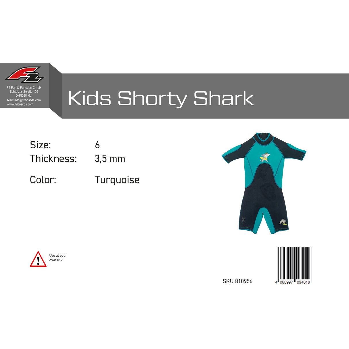 F2 Junior Neopren Anzug Shark Shorty 3,5mm Kurz - Größe/Farbe wählbar