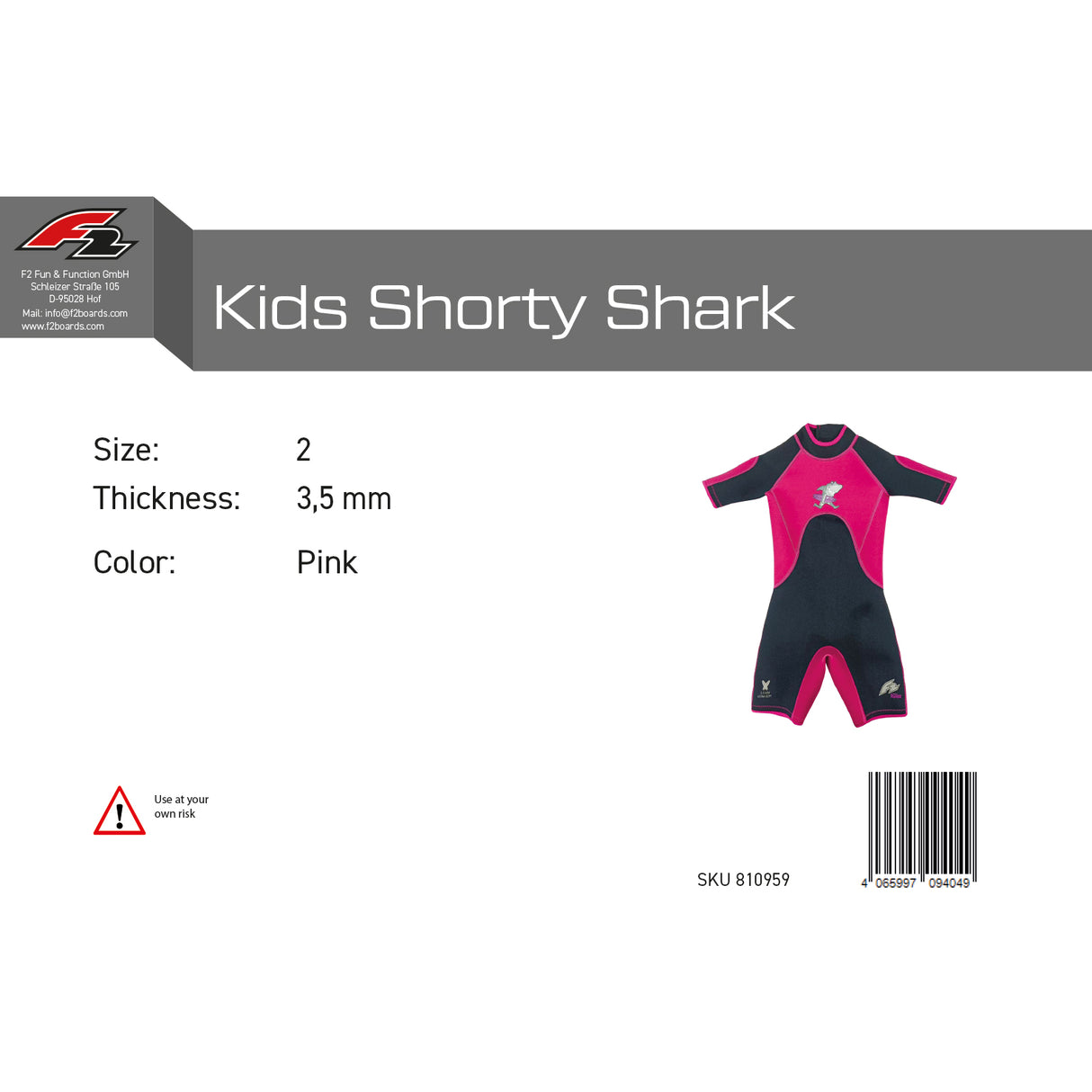 F2 Junior Neopren Anzug Shark Shorty 3,5mm Kurz - Größe/Farbe wählbar