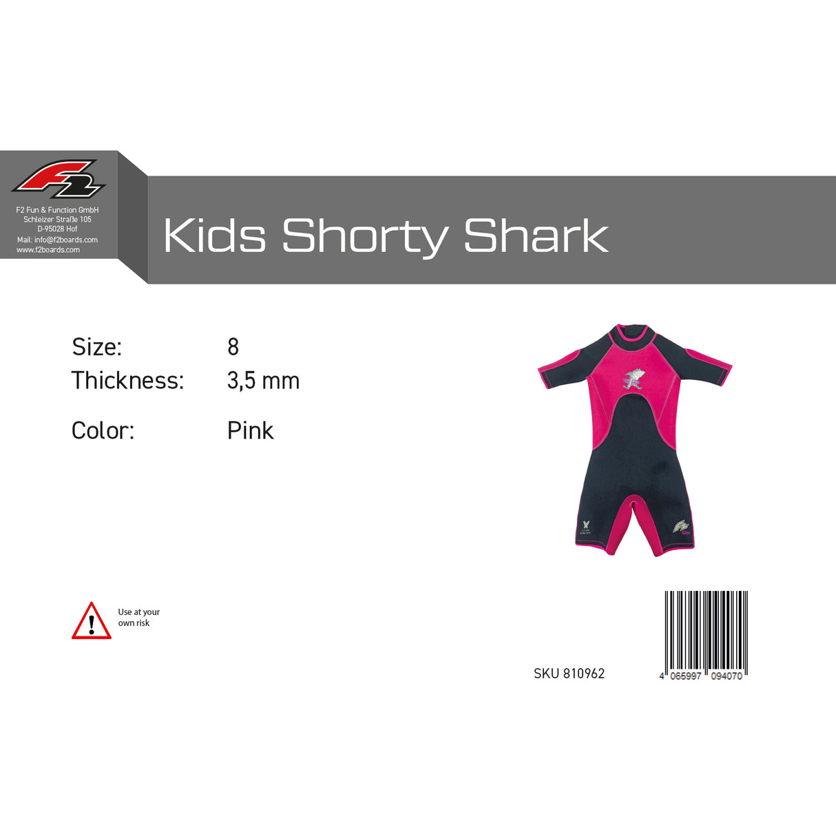 F2 Junior Neopren Anzug Shark Shorty 3,5mm Kurz - Größe/Farbe wählbar