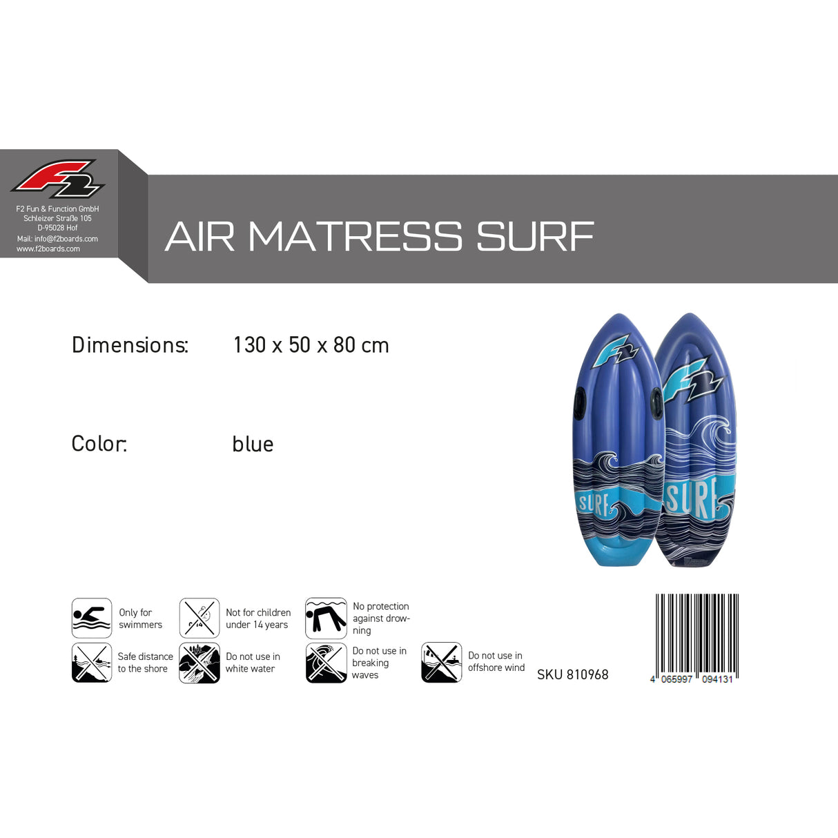 F2  Luftmatratze Surf Aufblasbar 130x50,8cm Blau