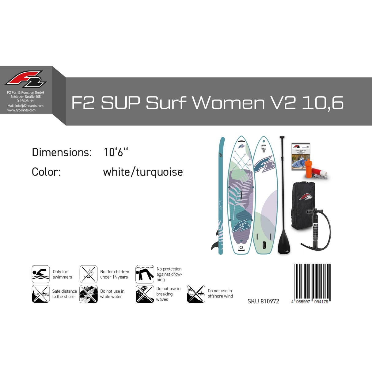 F2 SUP Stand Up Paddle Board Surf Woman V2 Weiß/Türkis - Größe wählbar