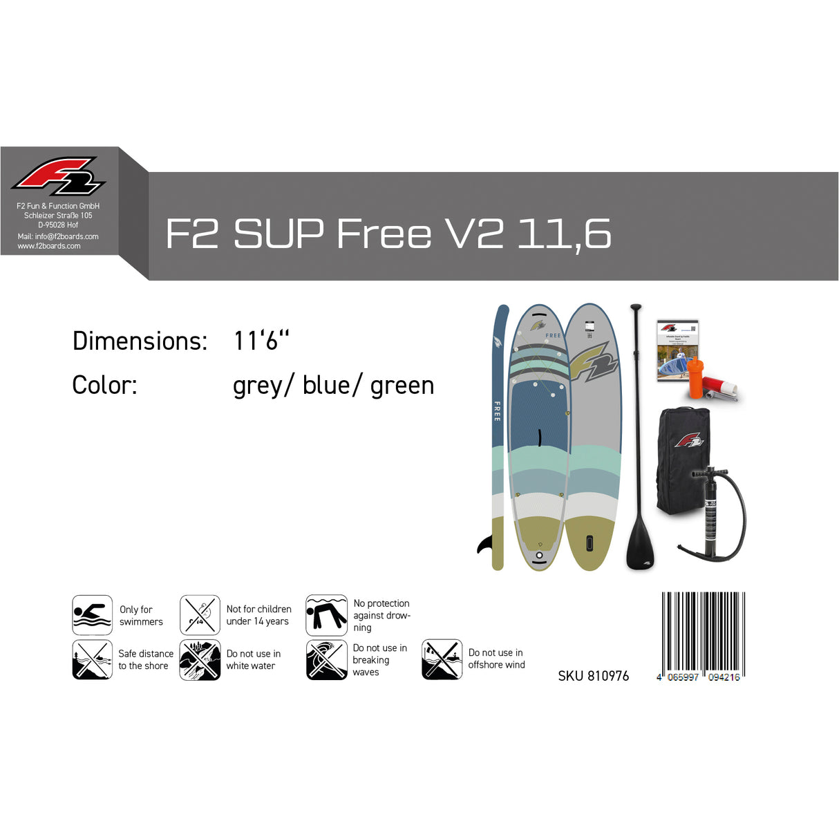 F2 SUP Stand Up Paddle Board Free V2 - Farbe/Größe wählbar