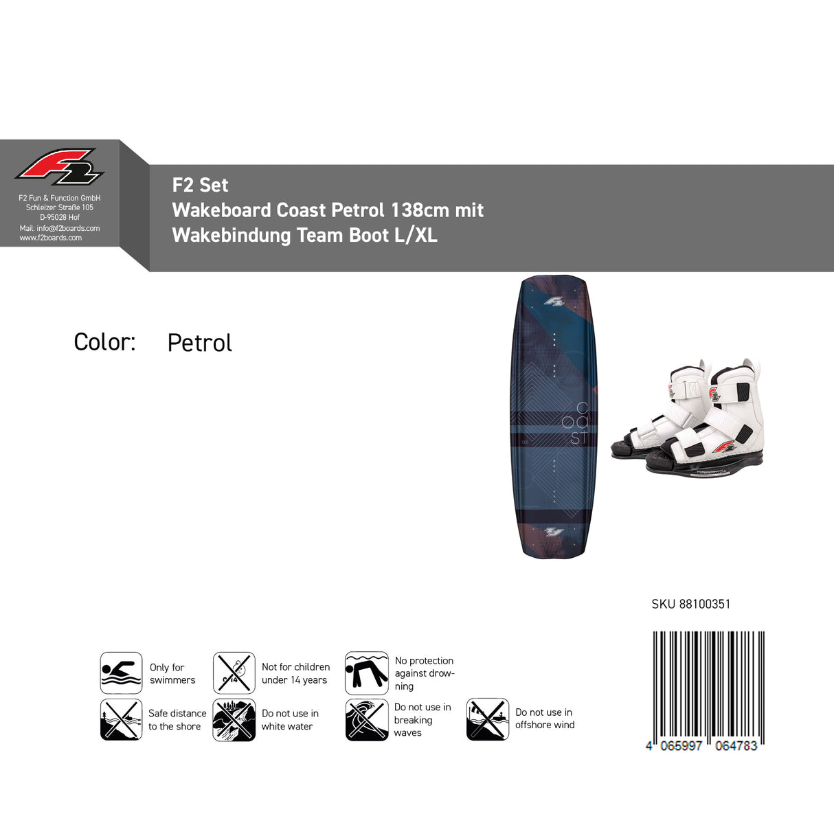 F2 Set Wakeboard Coast Petrol 138cm mit Wakebindung Team Boot L/XL