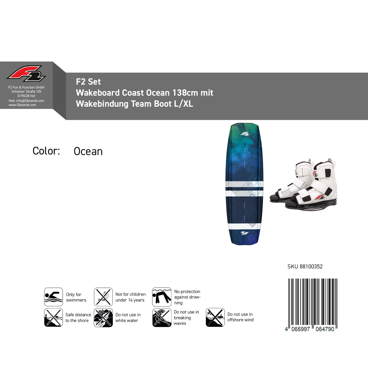 F2 Set Wakeboard Coast Ocean 138cm mit Wakebindung Team Boot L/XL