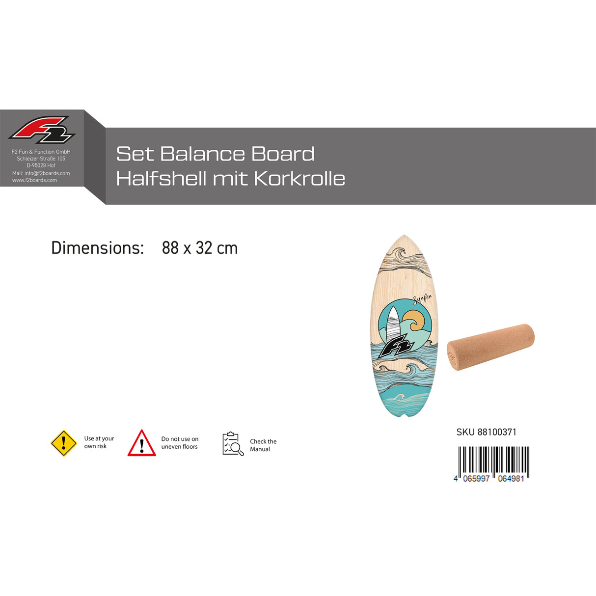 F2 Set Balance Board Halfshell 88x32cm mit Korkrolle