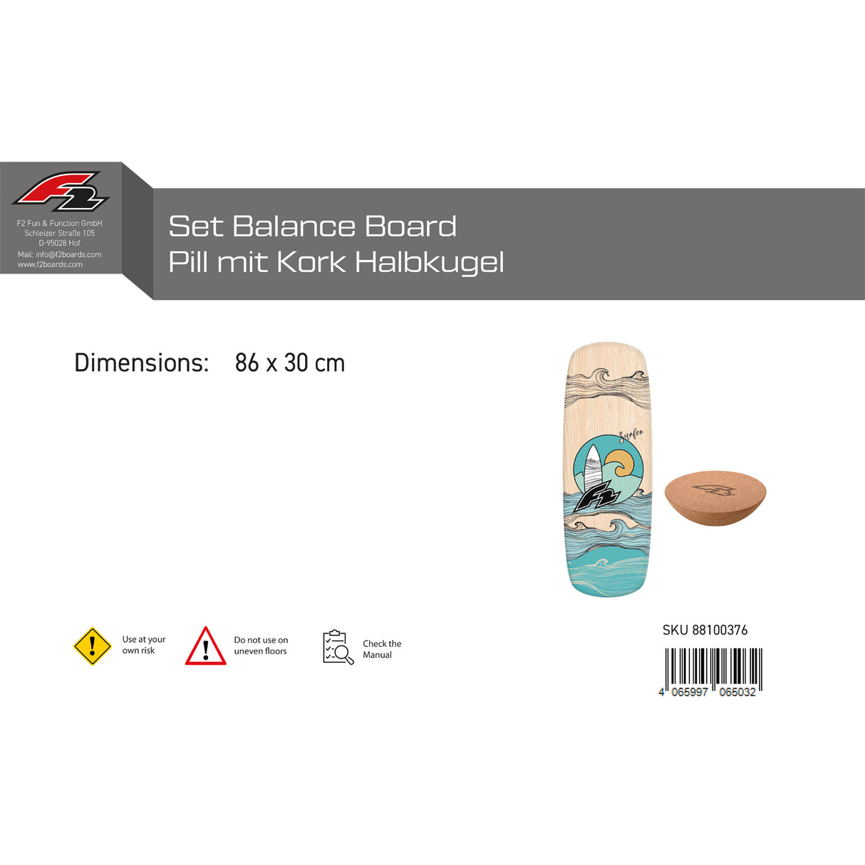 F2 Set Balance Board Pill 86x30cm mit Kork Halbkugel