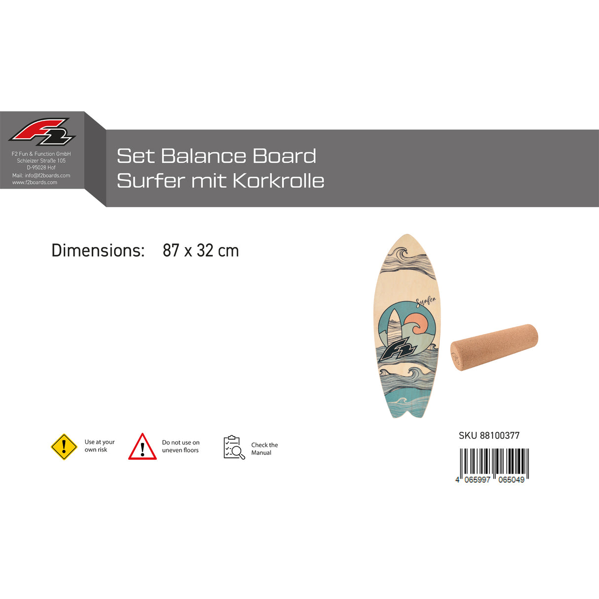 F2 Set Balance Board Surfer 87x32cm mit Korkrolle