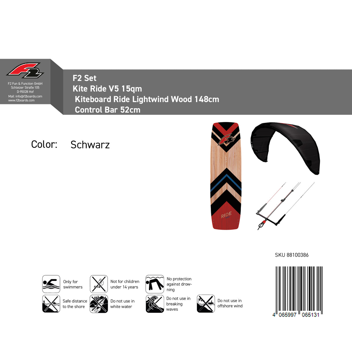 F2 Set Kite Ride V5 mit Kiteboard Ride Lightwind Wood und Control Bar Komplettset Größen wählbar