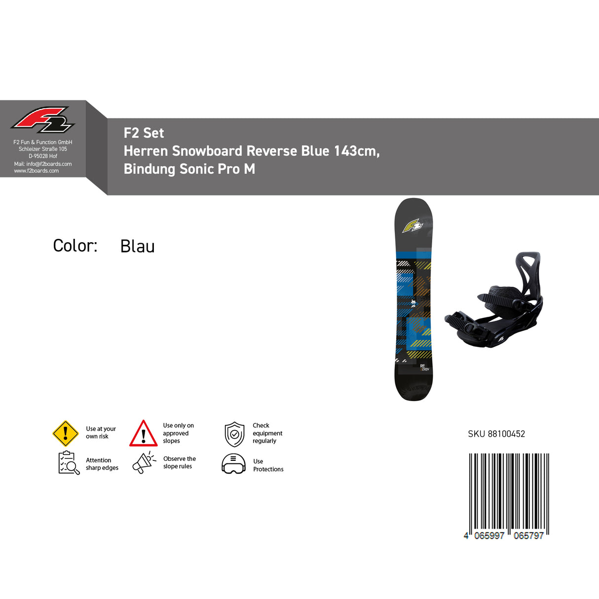 F2 Set Herren Snowboard Reverse Blue mit Bindung Sonic Pro Größen wählbar