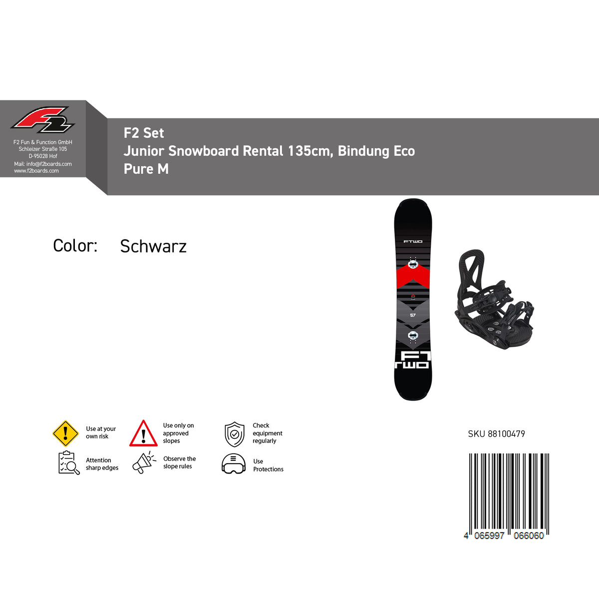 F2 Set Junior Snowboard Rental mit Bindung Eco Pure Größen wählbar
