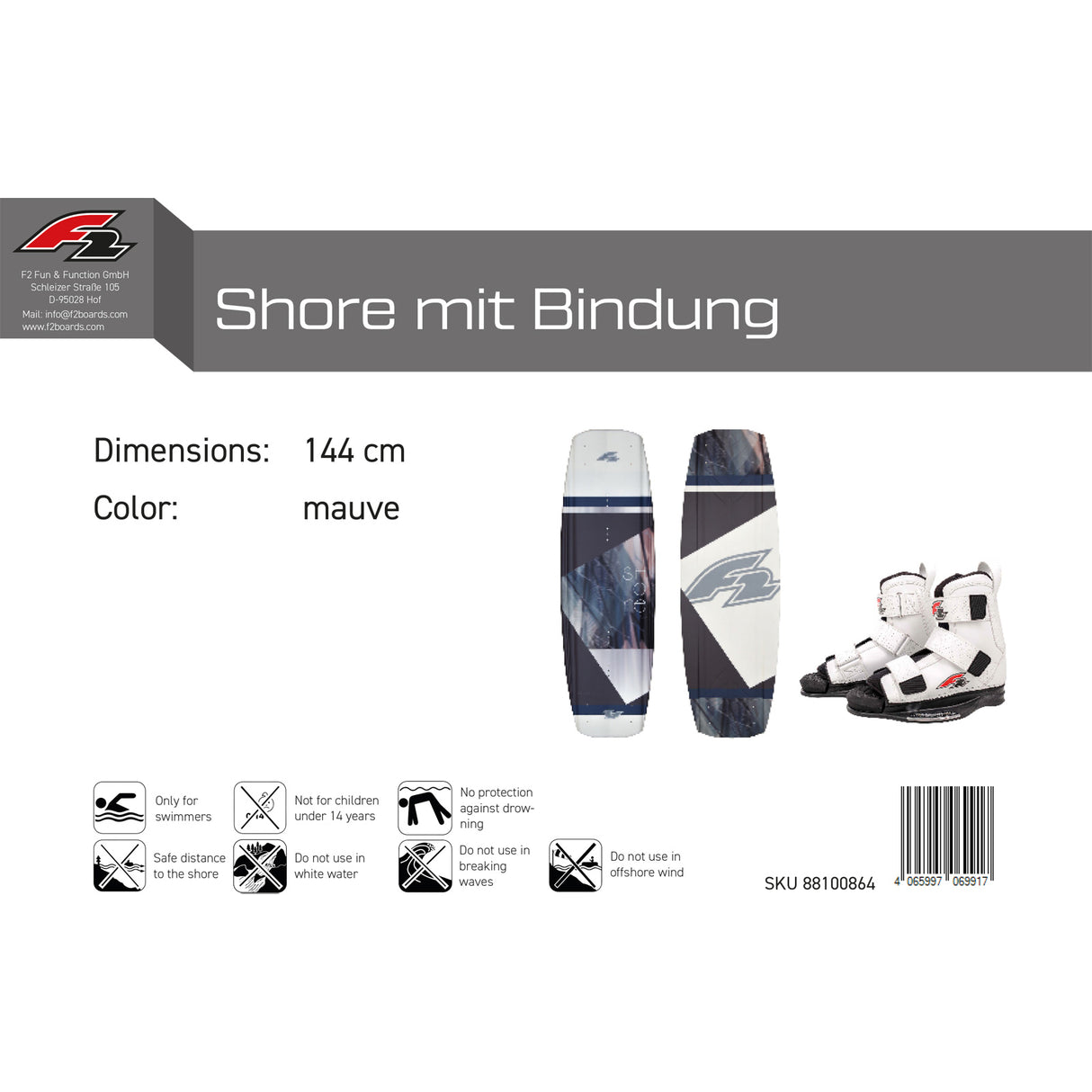 F2 Set Wakeboard Shore Braun 144cm mit Wakebindung Team Boot L/XL