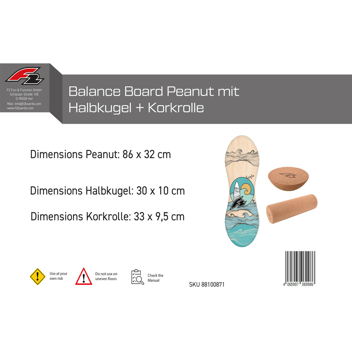 F2 Set Balance Board Peanut 86x32cm + Halbkugel und Korkrolle