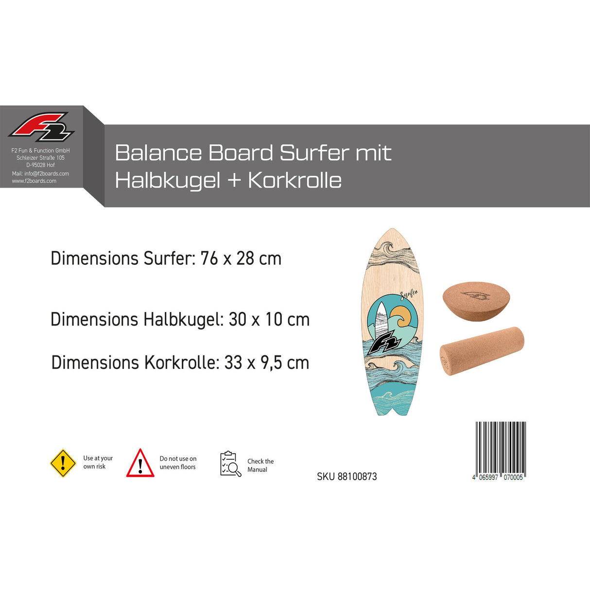 F2 Set Balance Board Surfer 76x28cm + Halbkugel und Korkrolle
