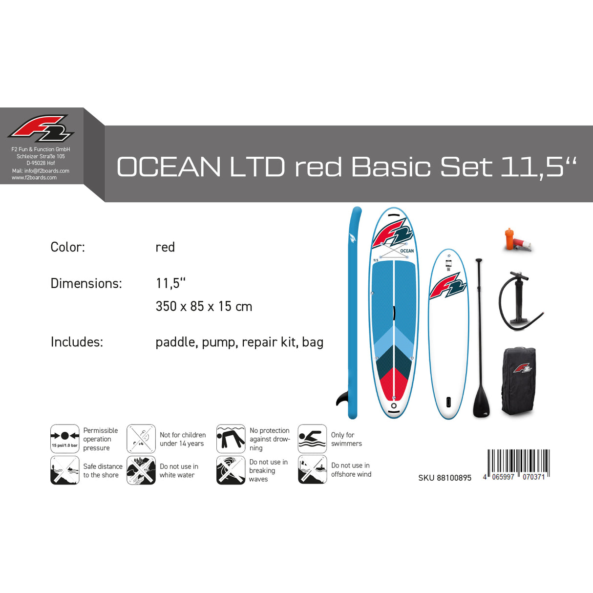F2 Marken Stand Up Paddle Board Ocean Rot SUP 11'5 350cm + Basic Zubehör Paket