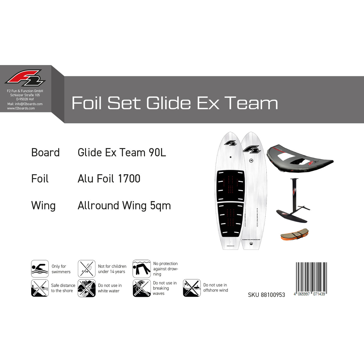 F2 Set Foilboard Glide Ex Team 90L mit Alu Foil 1700 + Allround Wing 5qm