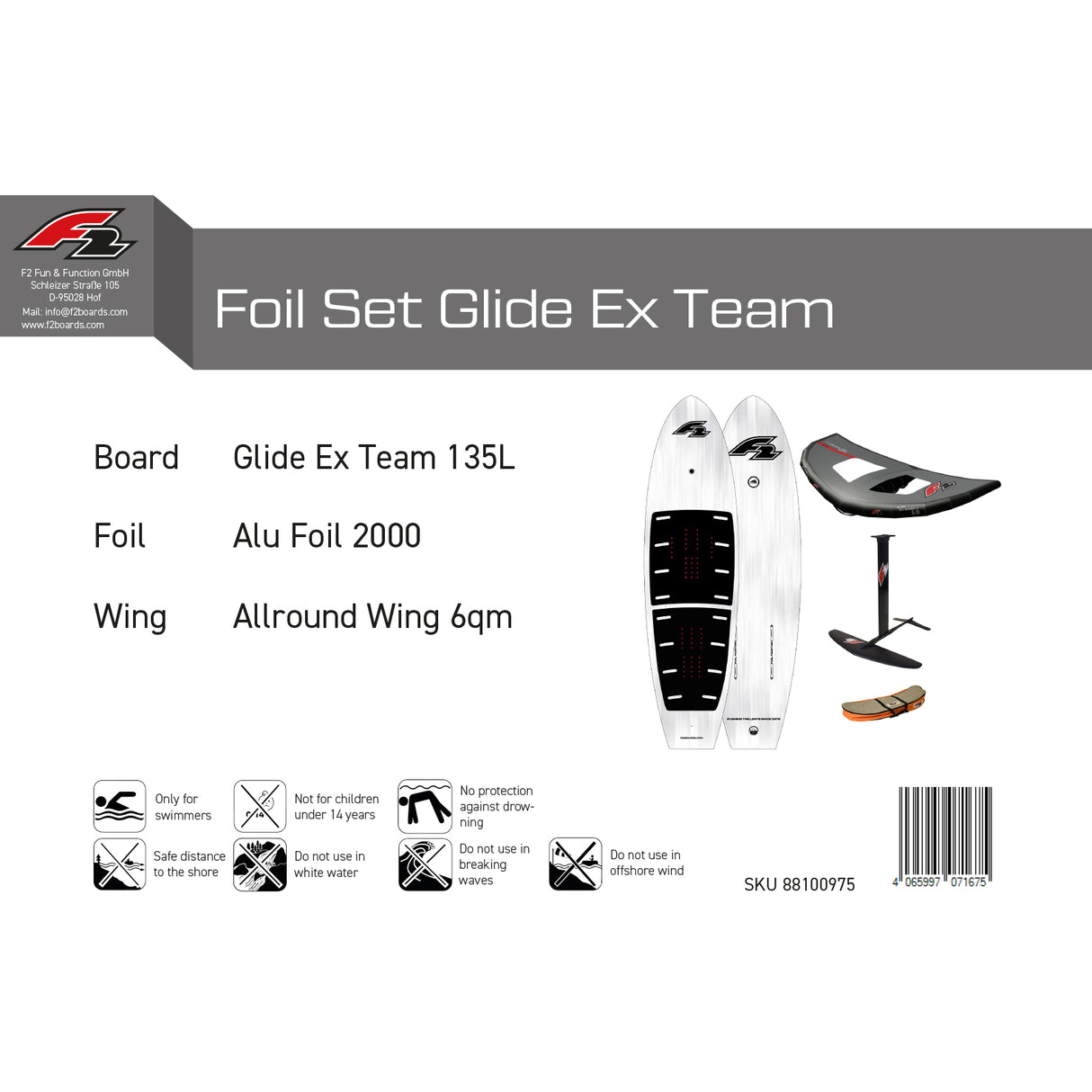 F2 Set Foilboard Glide Ex Team 135L mit Alu Foil 2000 + Allround Wing 6qm