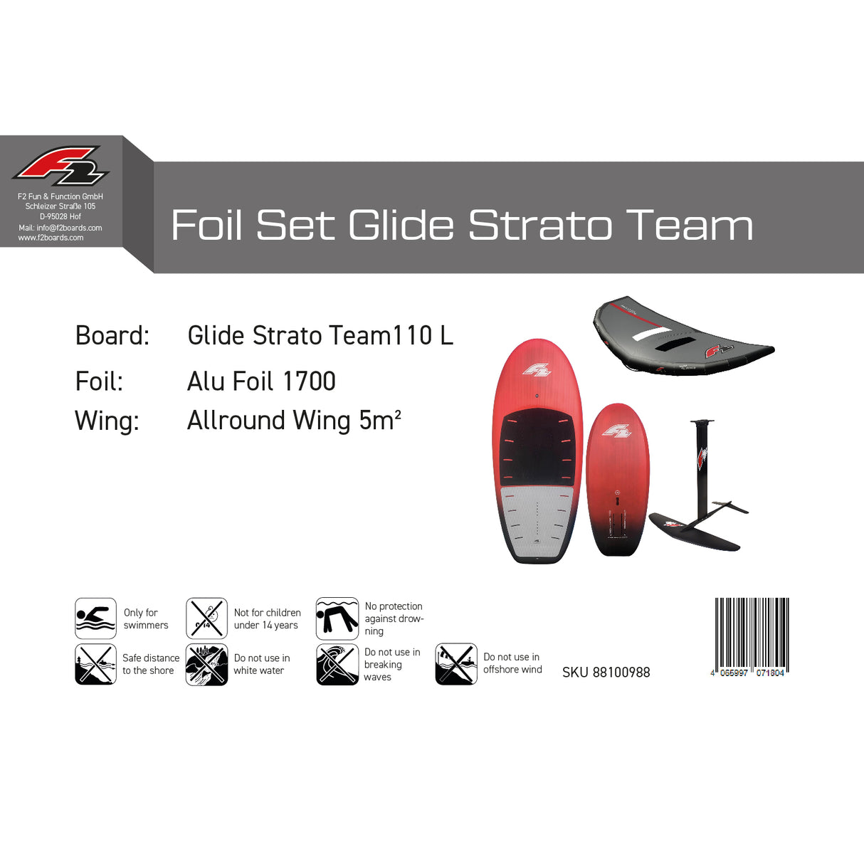 F2 Set Foilboard Glide Strato Team Rot 110L + Alu Foil 1700 + Wing 5qm