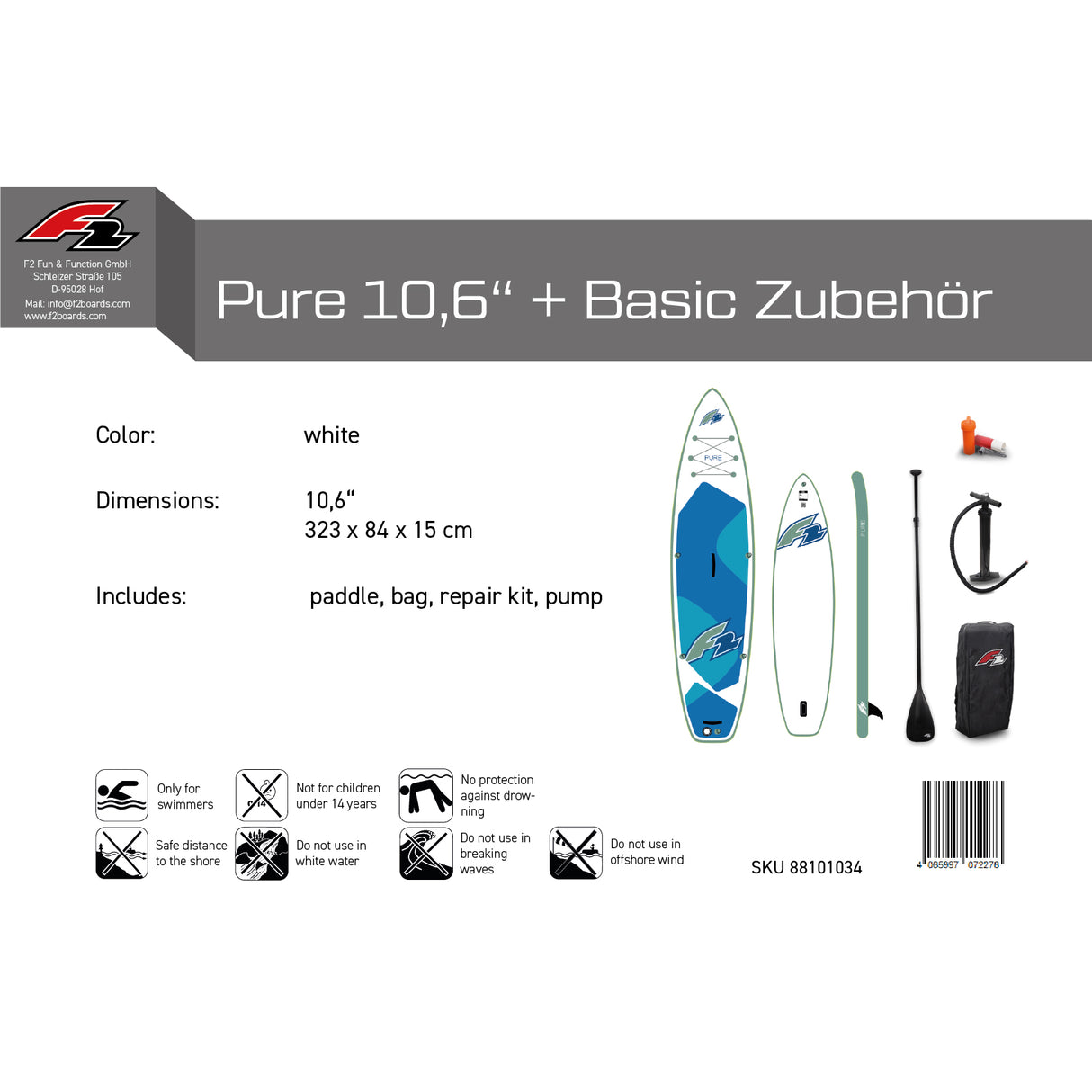 F2 SUP Stand Up Paddle Board Pure - Größe/Farbe/Zubehör wählbar