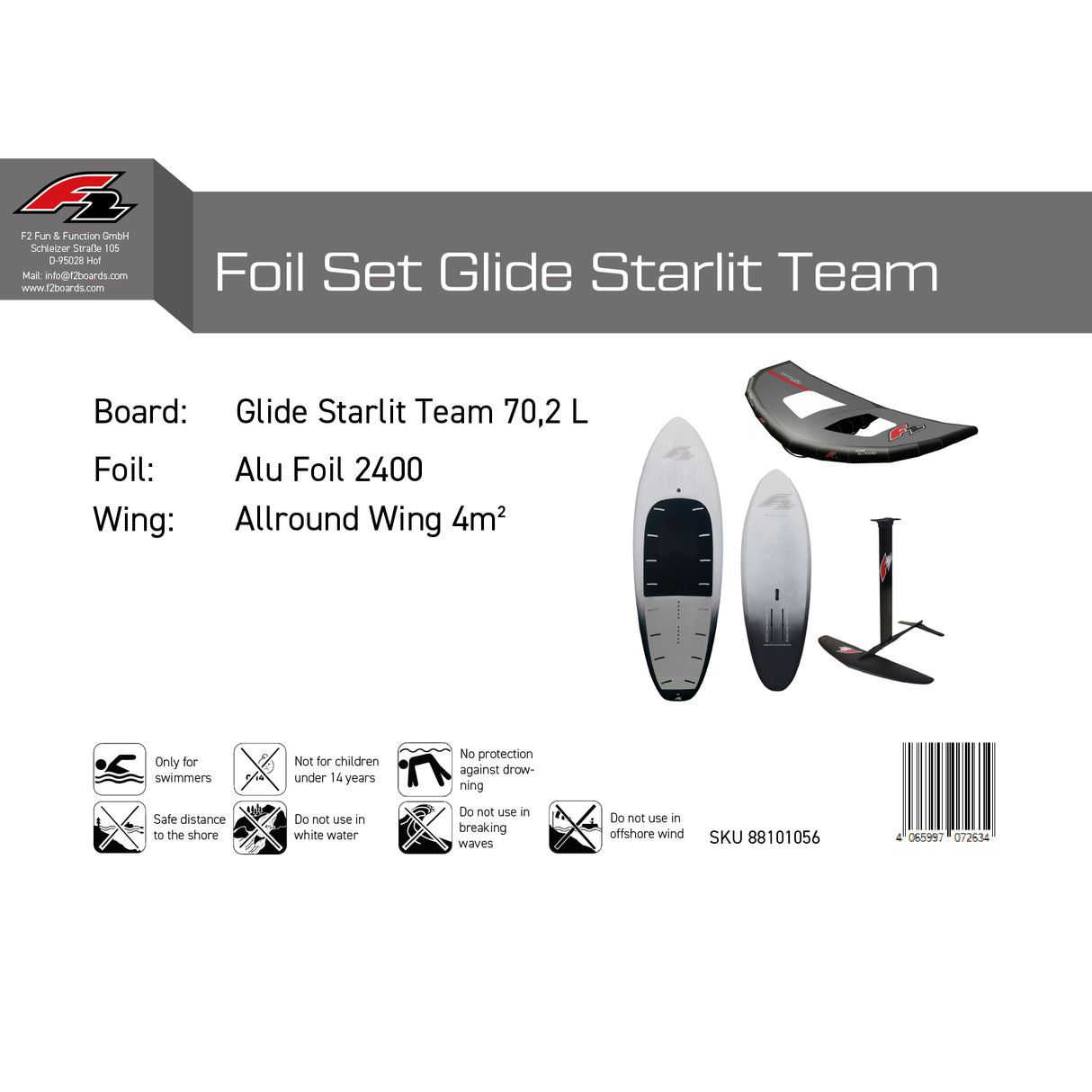 F2 Set Foilboard Starlit Team Grau 70,2L + Alu Foil 2400 + Wing 4qm