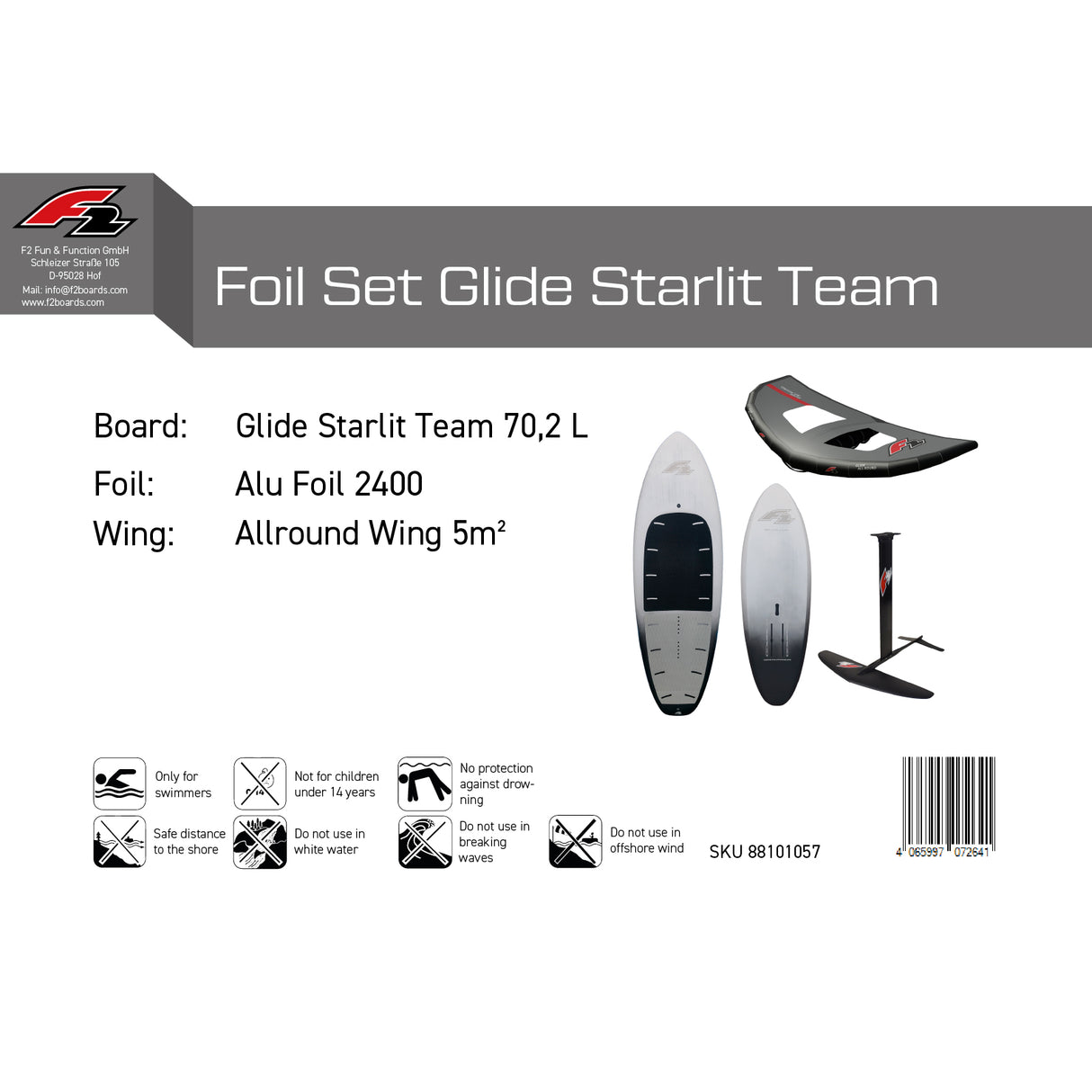 F2 Set Foilboard Starlit Team Grau 70,2L + Alu Foil 2400 + Wing 5qm