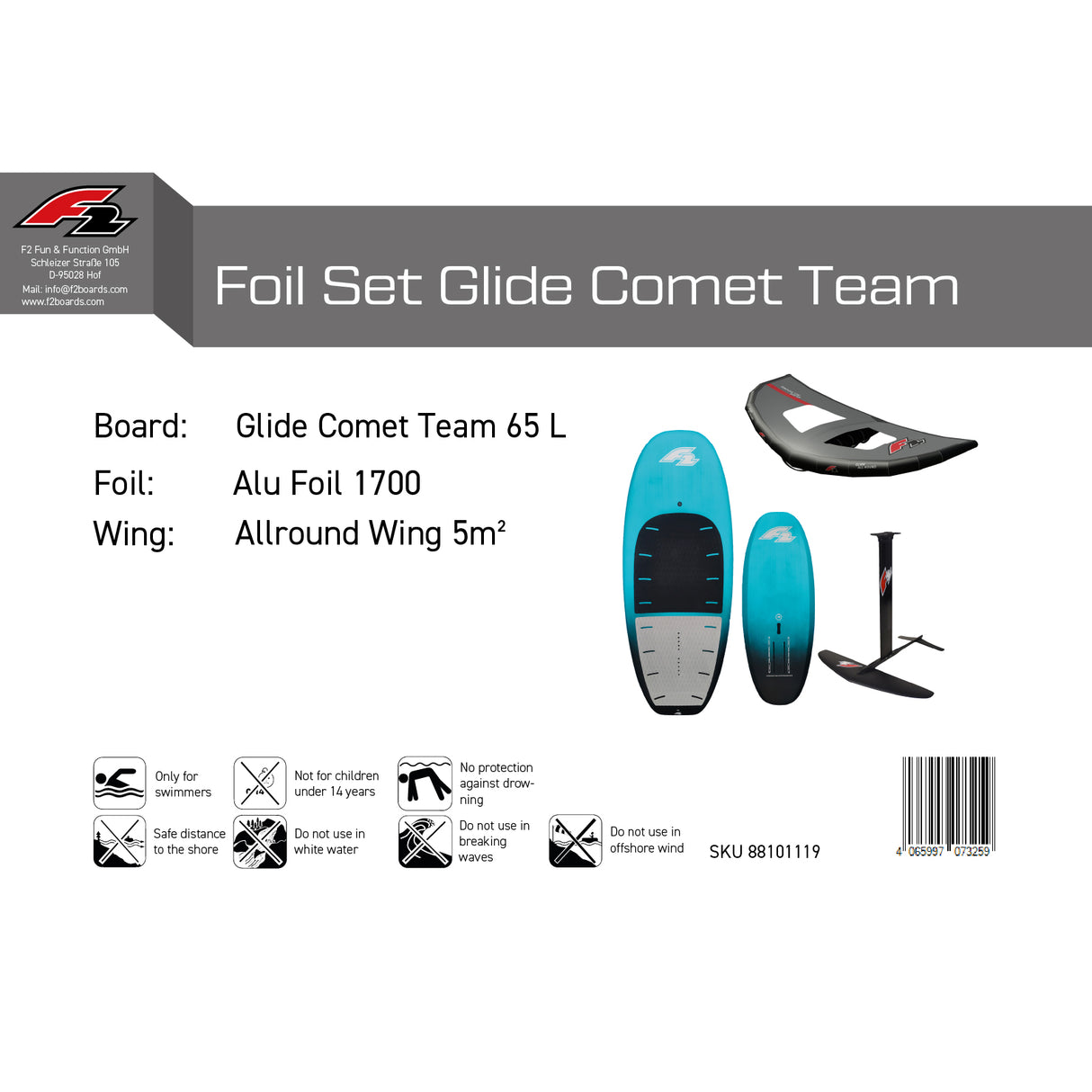 F2 Set Foilboard Comet Team Türkis 65L + Alu Foil 1700 + Wing 5qm