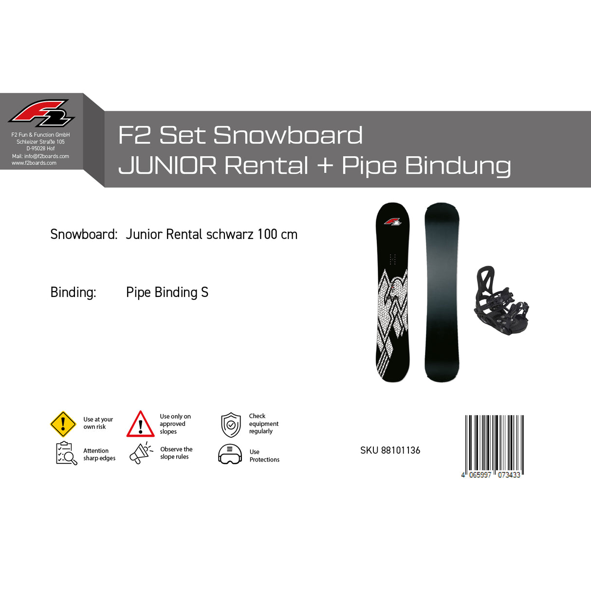 F2 Set Snowboard Junior Rental mit Pipe Bindung Komplettset Größen wählbar