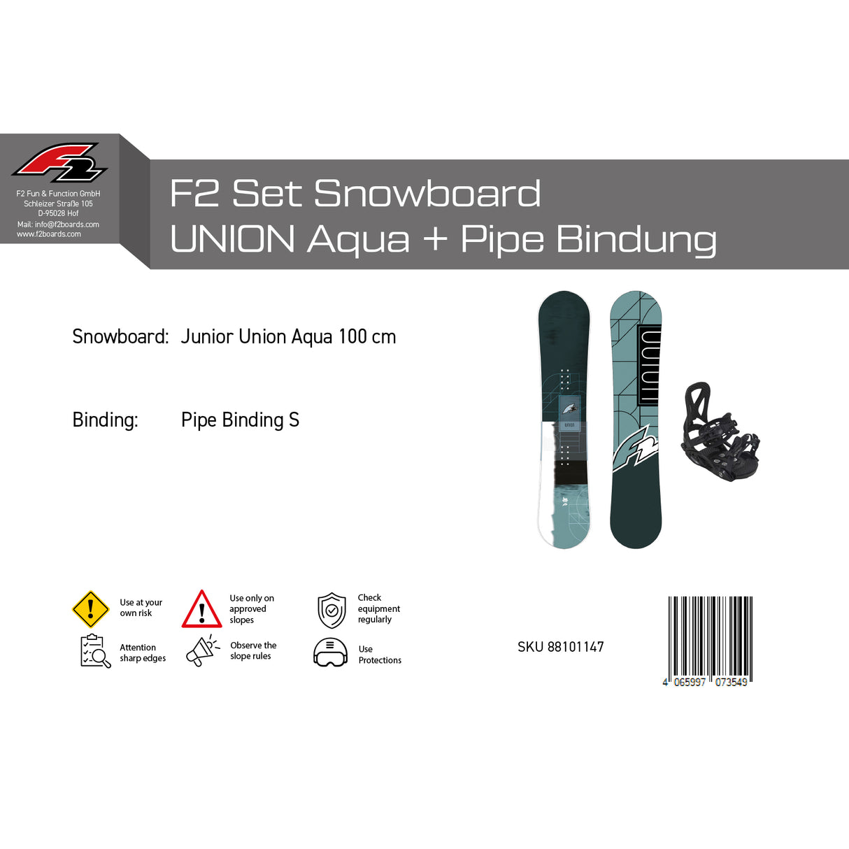 F2 Set Snowboard Junior Union Aqua + Pipe Bindung Größen wählbar