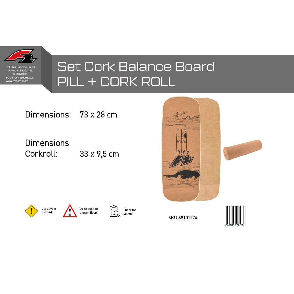 F2 Set Kork Balance Board Pill Flat Shape 73x28cm + Korkrolle