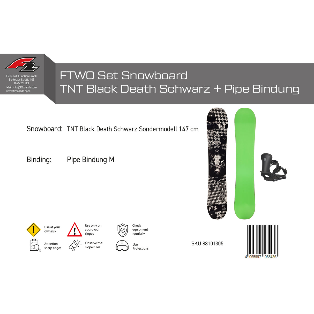 FTWO Set Snowboard TNT Black Death Schwarz 147cm mit Bindung M Sale