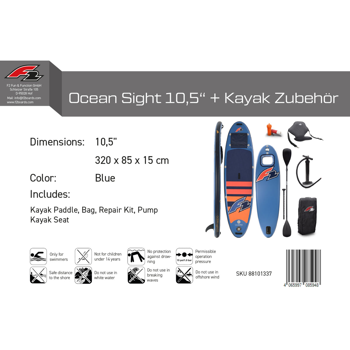F2 Set Stand Up Paddle Board Ocean Sight Blau 10,5 + Kajak Zubehör Paket