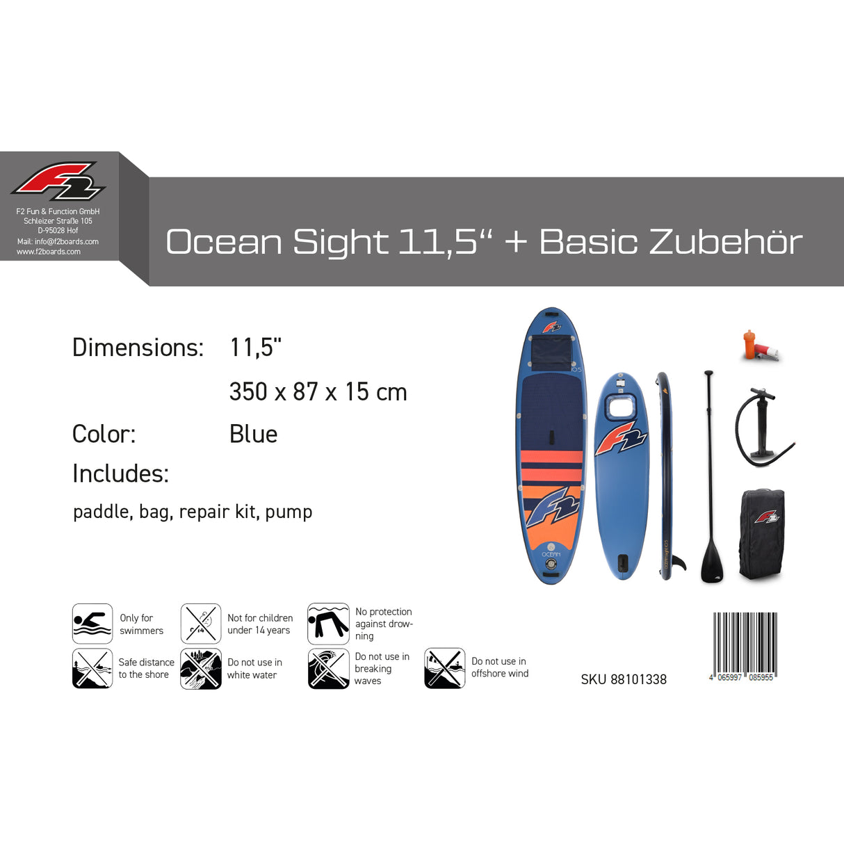 F2 Set Stand Up Paddle Board Ocean Sight Blau 11,5 + Basic Zubehör Paket