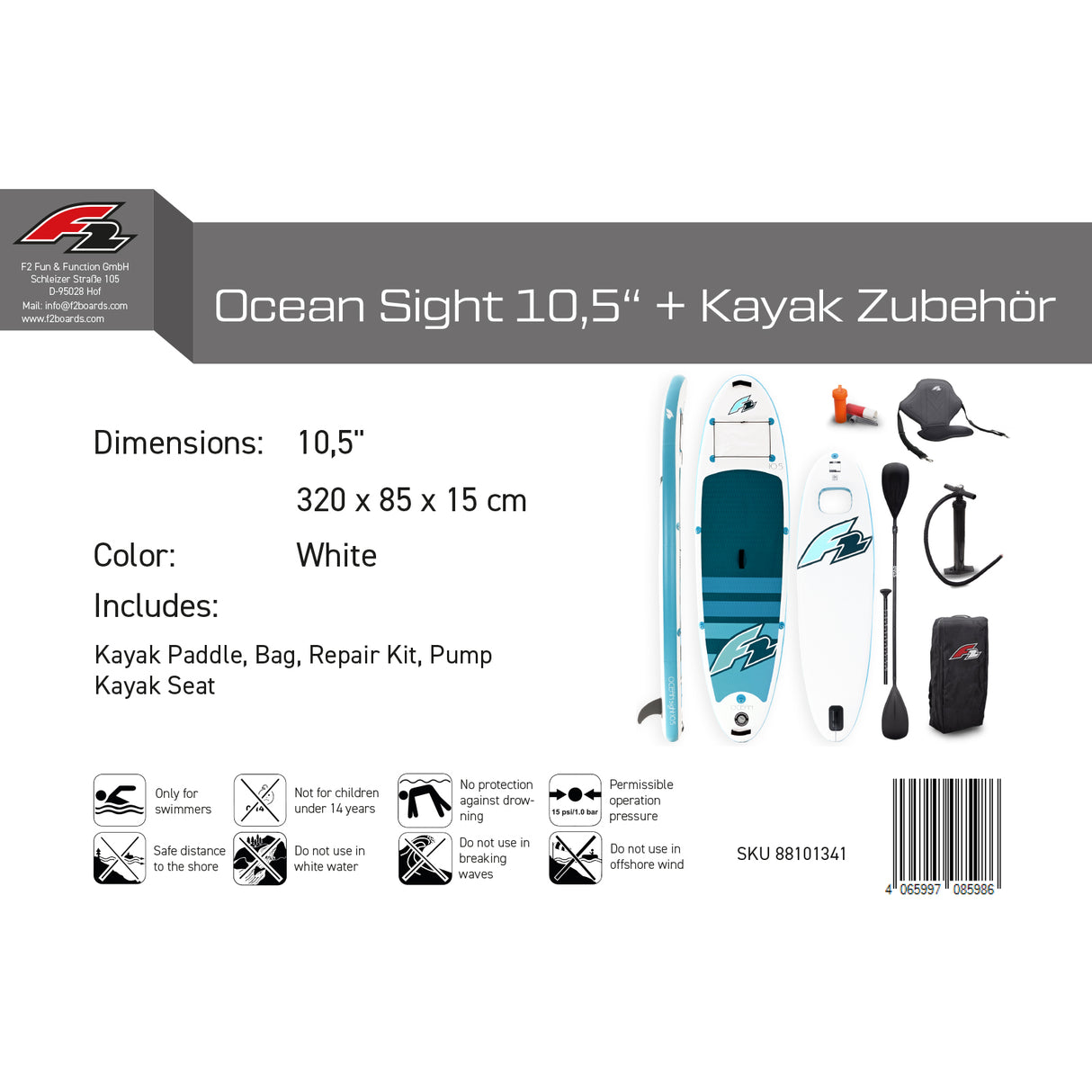 F2 Set Stand Up Paddle Board Ocean Sight Weiss 10,5 + Kajak Zubehör Paket