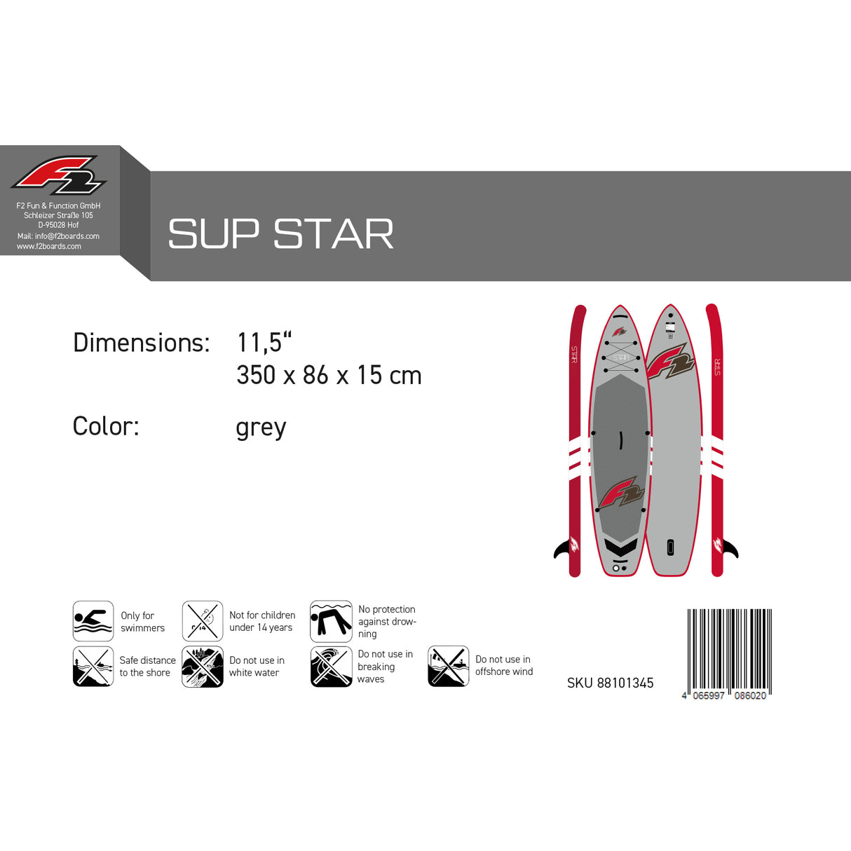 F2 SUP Stand Up Paddle Board Star Grau 350cm Board Only 11,5