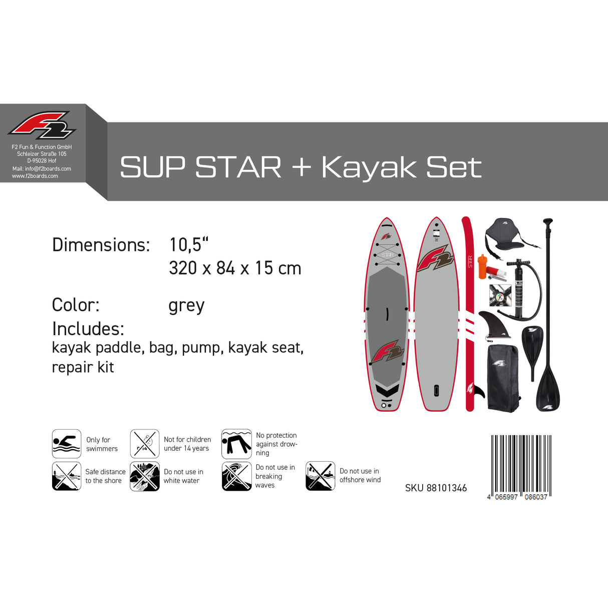 F2 Set Stand Up Paddle Board Star Grau  10,5 + Kajak Zubehör Paket