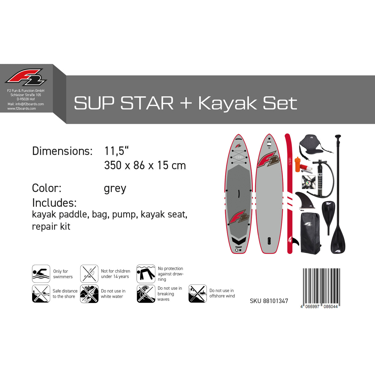 F2 Set Stand Up Paddle Board Star Grau  11,5 + Kajak Zubehör Paket